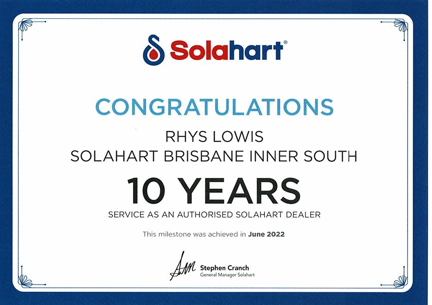 Solahart-Brisbane-10yrs-service-award-certificate